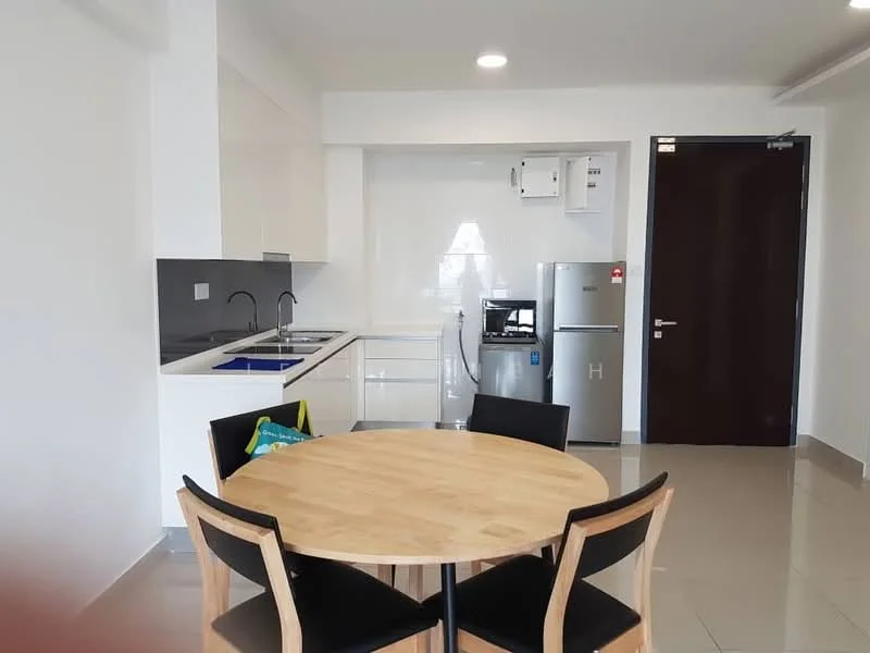 Kitchen features: white cabinetry, black countertop, double-bowl stainless-steel sink, chrome pull-down faucet, built-in oven, stainless-steel fridge, ceramic tile flooring, recessed downlights, wall-mounted air conditioning unit; style: modern. Dining features: round wooden dining table, 4 black dining chairs; style: modern.