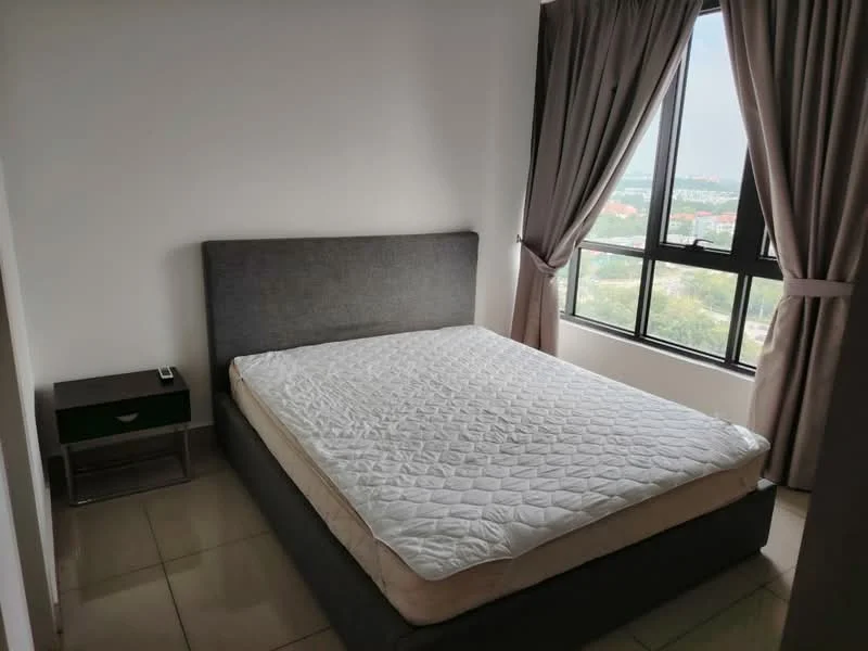 Bedroom features: queen-size bed, upholstered headboard, nightstand with drawer, floor-to-ceiling windows, grey curtains, white walls, tile flooring, natural light, view of the outside; style: modern; view: city.