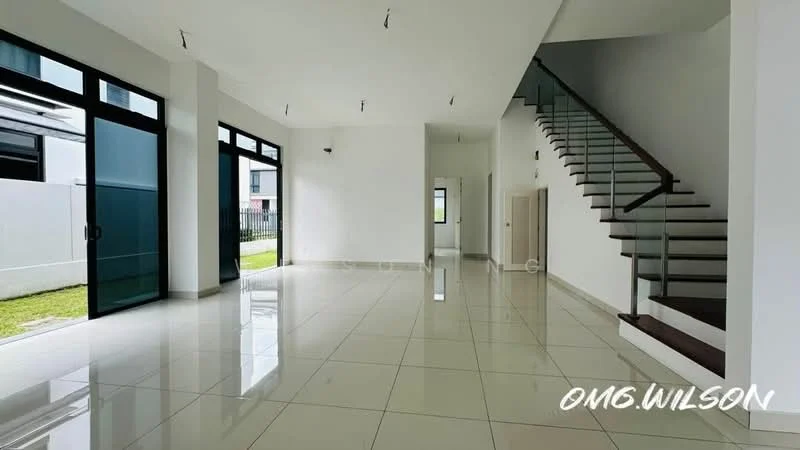 Living features: white painted walls, glossy ceramic tile flooring, large floor-to-ceiling windows, sliding glass door, recessed downlights, open layout, staircase with wooden treads, high ceiling; style: modern; view: garden. Room features: white painted walls, glossy ceramic tile flooring, high ceiling, recessed downlights.