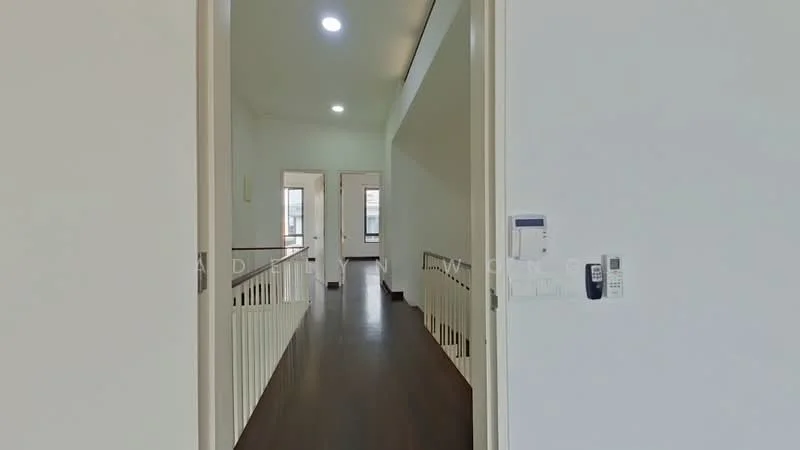 Room features: white painted walls, dark wood flooring, recessed downlights, handrail along the staircase, doorways leading to other rooms, large windows for natural light, minimalist decor, open layout; style: modern.