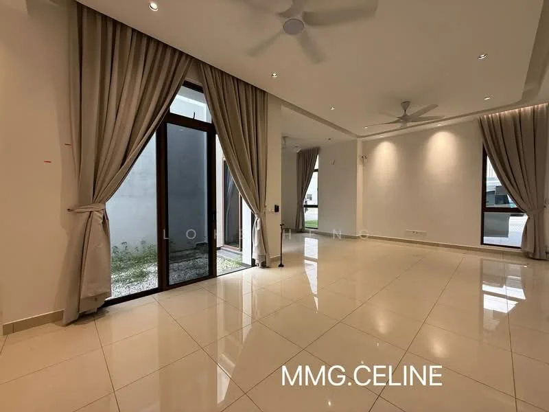 Living features: white painted walls, glossy ceramic tile flooring, tray ceiling, 5-blade ceiling fan, floor-to-ceiling windows, sheer curtains, sliding glass door, natural light from windows, neutral color scheme, recessed downlights; style: modern; view: garden.