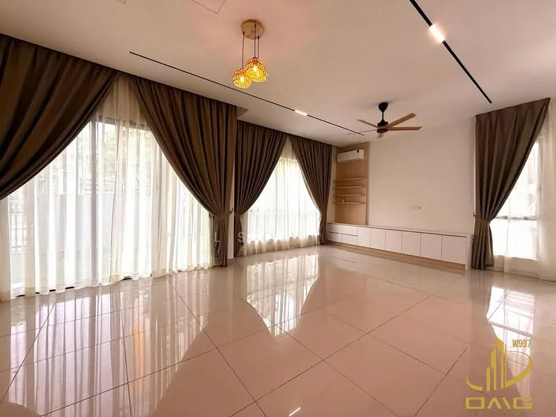 Living features: cream painted walls, white ceiling, 5-blade ceiling fan with light, floor-to-ceiling windows, sheer curtains, heavy drapes, polished ceramic tile flooring, built-in cabinetry, recessed downlights, wall-mounted air conditioning unit; style: modern.