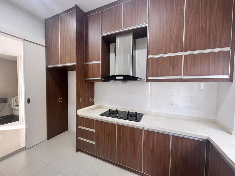 Kitchen features: brown wooden cabinetry, white countertop, stainless-steel range hood, 4-burner gas hob, white tiled backsplash, built-in oven, recessed lighting, ceramic tile flooring; style: modern. Room features: white painted walls, doorway leading to another room.