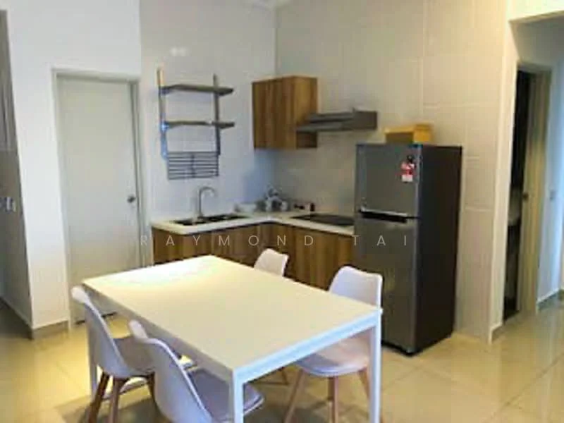 Kitchen features: white painted walls, light grey tiled flooring, kitchen cabinetry in wood finish, stainless-steel sink, chrome pull-down faucet, built-in stove with exhaust hood, refrigerator, open shelving, 4-seater dining table, white dining chairs; style: modern.