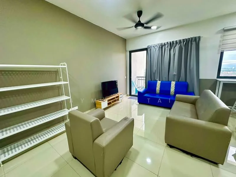 Living features: cream painted walls, glossy tile flooring, 5-blade ceiling fan with light, sofa in blue fabric, 2-seater beige leather sofa, wooden TV console, wall-mounted TV, open shelving unit, curtains in grey fabric, floor-to-ceiling window with city view; style: modern; view: city.