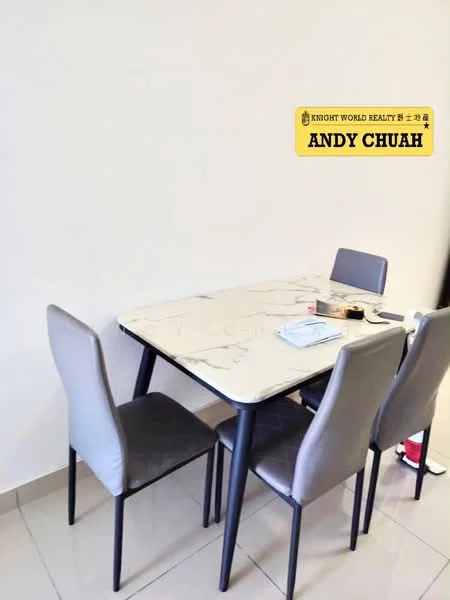 Dining features: marble dining table, 4 dining chairs with grey upholstery, white painted walls, ceramic tile flooring, minimalist decor; style: modern.