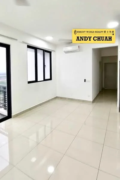 Room features: white painted walls, glossy ceramic tile flooring, floor-to-ceiling windows, sliding glass door, wall-mounted split AC, recessed downlights, neutral color scheme, open layout; style: modern; view: city.