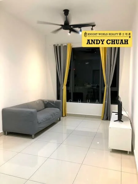 Living features: 3-seater fabric sofa in grey, white TV console, wall-mounted TV, ceiling fan, white painted walls, glossy tile flooring, floor-to-ceiling window, curtains with yellow accents; style: modern; view: city.