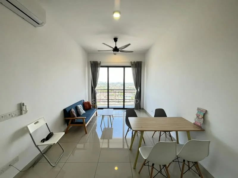 Living features: floor-to-ceiling windows, grey fabric sofa, wooden coffee table, 4-seater dining table, white dining chairs, white wall, light grey curtains, air conditioning unit, ceiling fan, glossy tile flooring; style: modern; view: city.