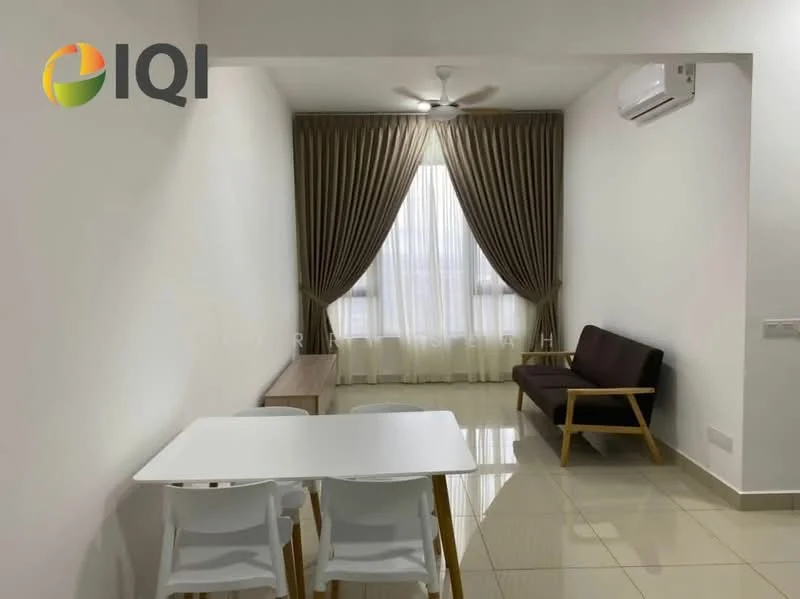 Living features: white painted walls, glossy tile flooring, 5-blade ceiling fan with light, floor-to-ceiling windows with sheer curtains, brown fabric sofa, wooden coffee table, white dining table, 3 white dining chairs, air conditioning unit on wall; style: modern.