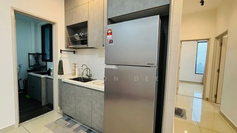 Kitchen features: grey cabinetry, white countertop, stainless-steel fridge, built-in oven, 4-burner gas hob, single-bowl stainless-steel sink, chrome pull-down faucet, open shelving, tile flooring, wall-mounted storage rack, window with city view, recessed lighting; style: modern; view: city.