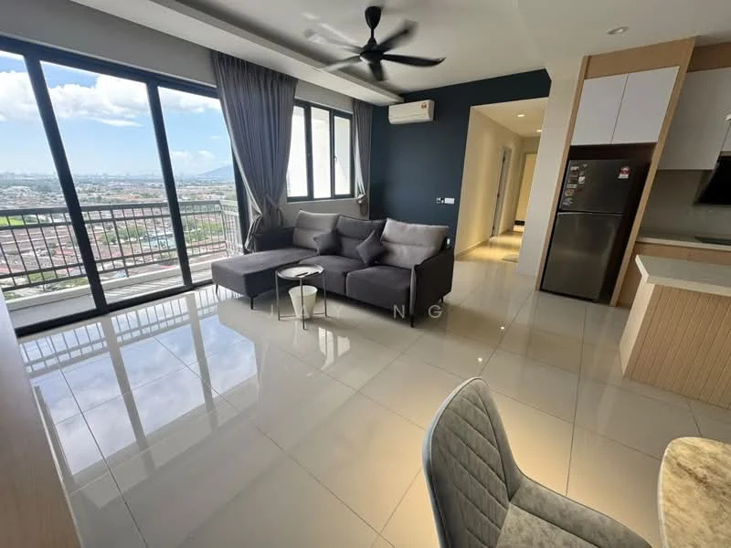Living features: 3-seater fabric sofa in grey, coffee table, floor-to-ceiling windows, city view, polished tile flooring, ceiling fan with light, air conditioning unit, curtains, wall-mounted TV, decorative wall with dark paint; style: modern; view: city.