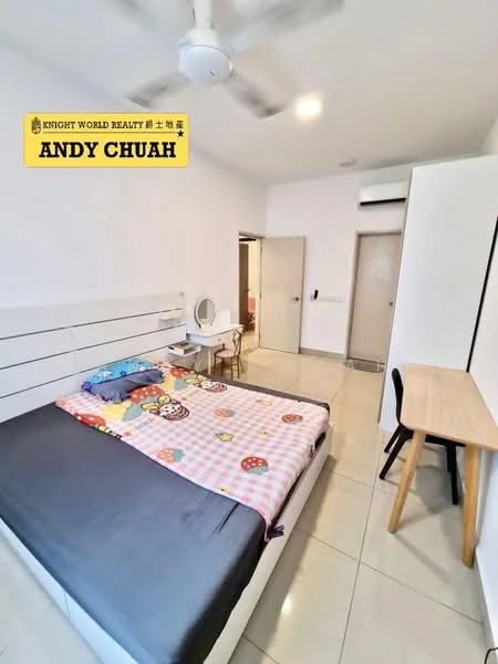 Bedroom features: queen-size bed with colorful bedding, white headboard, study desk with wooden surface, black chair, built-in wardrobe, floor-to-ceiling window, white walls, tile flooring, ceiling fan, wall-mounted air conditioning unit, decorative mirror on desk; style: modern.
