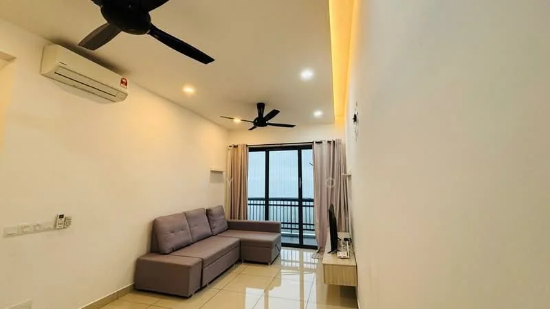Living features: 3-seater fabric sofa in grey, ceiling fan with 3 blades, wall-mounted split AC, floor-to-ceiling windows, curtains in light grey, tile flooring in cream, LED recessed lighting, TV console, decorative wall art; style: modern; view: city.