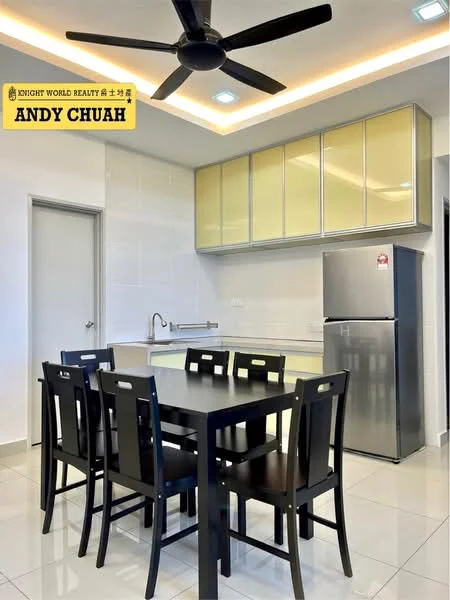Kitchen features: white painted walls, glossy white tile flooring, 5-blade ceiling fan with light, kitchen cabinets with yellow glass fronts, stainless-steel fridge, single-bowl stainless-steel sink, chrome pull-down faucet, black dining table, 6 black dining chairs, recessed LED downlights; style: modern.