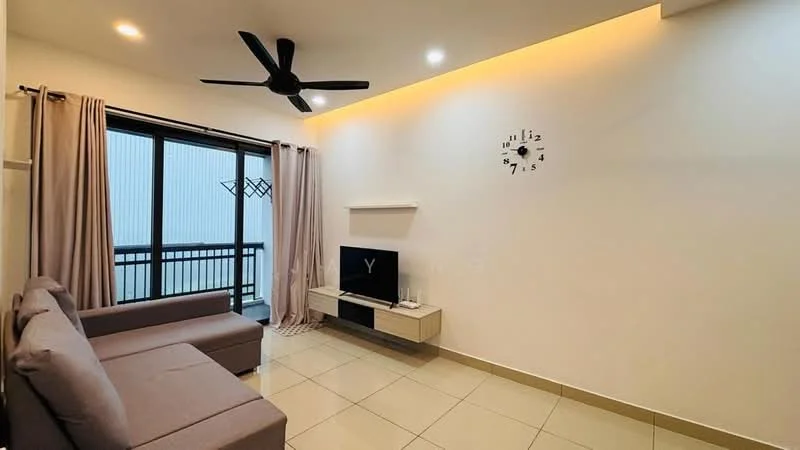 Living features: 3-seater fabric sofa in grey, wall-mounted TV, TV console in light wood, ceiling fan with light, recessed LED lighting, white painted walls, cream tiled flooring, floor-to-ceiling windows, sheer curtains, clock on wall; style: modern; view: city.