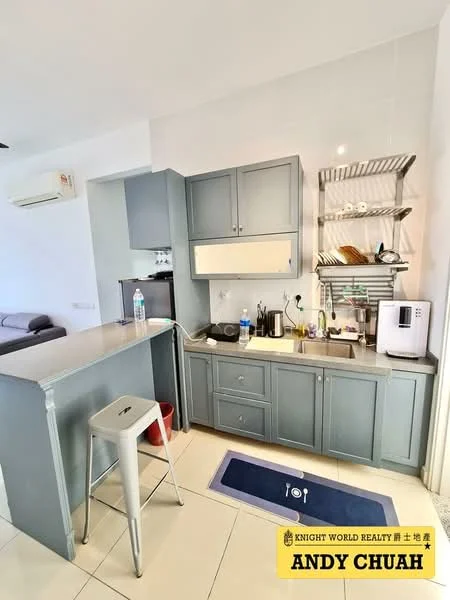 Kitchen features: grey cabinetry, stainless-steel sink, chrome pull-down faucet, black countertop, built-in microwave, stainless-steel fridge, open shelving, tile backsplash, ceramic tile flooring, recessed downlights, bar counter with stools, kitchen rug; style: modern.