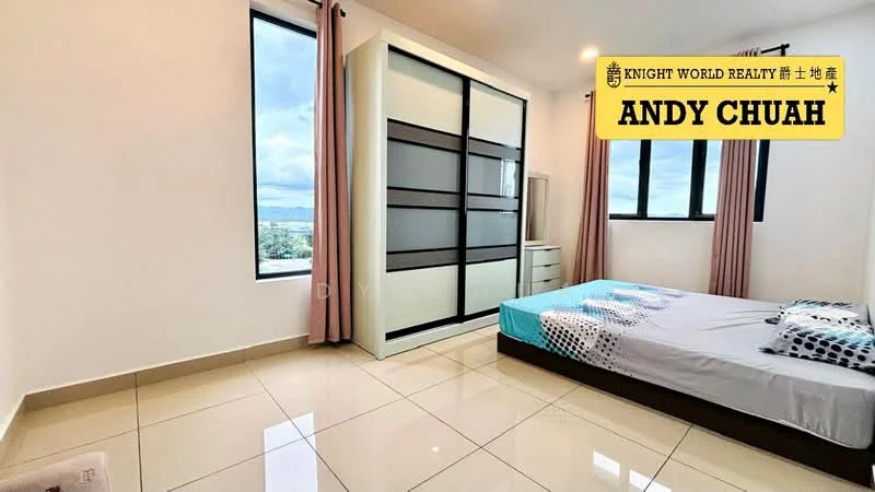 Bedroom features: white painted walls, cream tiled flooring, floor-to-ceiling windows, light grey built-in wardrobe, queen-size bed, bedside table, curtains, decorative throw pillows; style: modern; view: city.