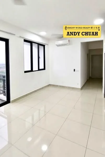 Room features: white painted walls, glossy ceramic tile flooring, floor-to-ceiling windows, sliding glass door, wall-mounted split AC, recessed downlights, neutral color scheme, open layout, view of the outside, no visible furniture; style: modern; view: city.