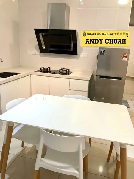 Kitchen features: white cabinetry, black countertop, stainless-steel sink, chrome pull-down faucet, built-in gas hob, stainless-steel range hood, stainless-steel fridge, white dining table, 4 white dining chairs, ceramic tile flooring, white tiled walls, recessed downlights; style: modern.