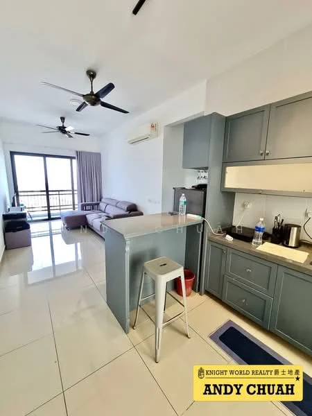 Living features: floor-to-ceiling windows, sliding glass door, grey fabric sofa, 2-seater sofa, coffee table, TV console, wall-mounted TV, ceiling fan, recessed downlights, marble tile flooring, white painted walls, decorative wall art, open kitchen layout, bar counter with stools; style: modern; view: city. Kitchen features: stainless-steel sink, chrome pull-down faucet, white cabinetry, built-in oven, microwave, refrigerator, countertop with bar seating, tile backsplash; style: modern.