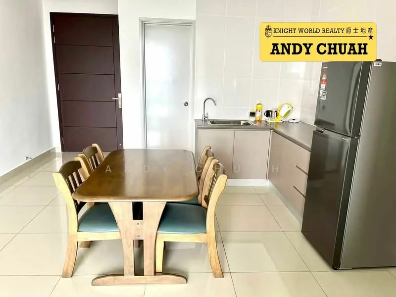 Kitchen features: white tiled walls, light grey cabinetry, stainless-steel fridge, stainless-steel sink, chrome pull-down faucet, ceramic tile flooring, 4-burner gas hob, built-in oven, dining table with 4 chairs, wall-mounted cabinets, countertop space, window for natural light; style: modern.