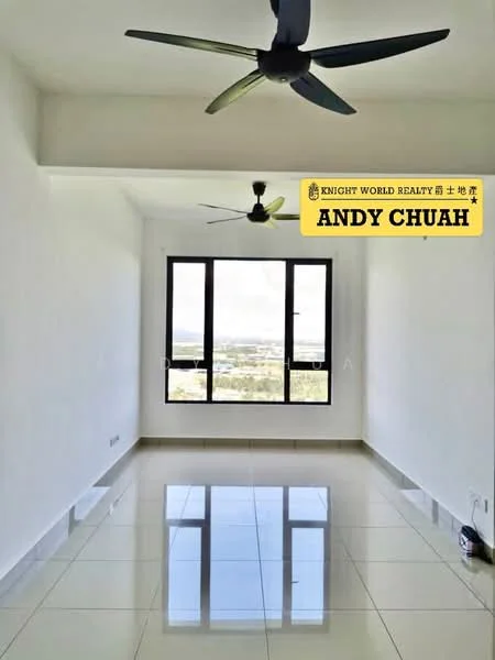 Room features: white painted walls, glossy ceramic tile flooring, 2 ceiling fans, large floor-to-ceiling window, city view, neutral color scheme, no visible furniture, bright natural light; style: modern; view: city.