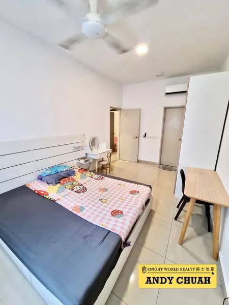 Bedroom features: queen-size bed with patterned bedding, white wooden headboard, study desk with wooden legs, white chair, wall-mounted mirror, ceiling fan, air conditioning unit, light-colored tiled flooring, white painted walls, built-in wardrobe with sliding door; style: modern.