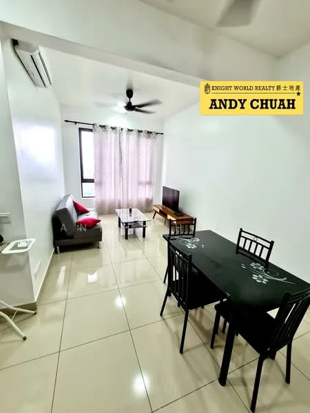 Living features: white painted walls, glossy tile flooring, 5-blade ceiling fan with light, floor-to-ceiling window with sheer curtains, sofa bed in grey, coffee table, TV console, dining table for 4 with black chairs, wall-mounted TV; style: modern.