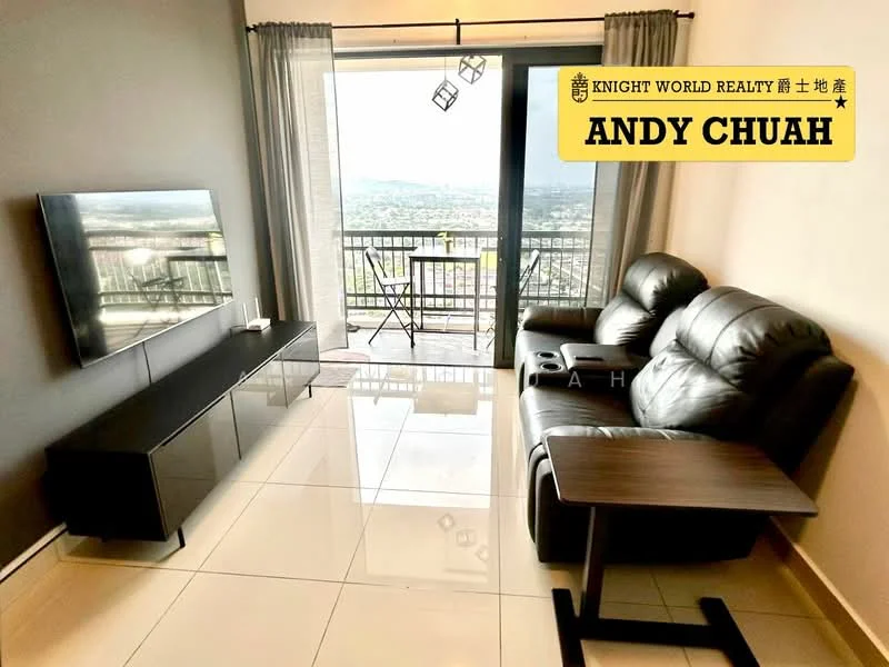Living features: black leather sofa, black coffee table, TV console, wall-mounted TV, floor-to-ceiling windows, curtains, tile flooring, city view; style: modern; view: city.
