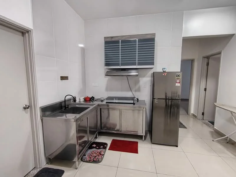 Kitchen features: stainless-steel sink, chrome pull-down faucet, stainless-steel countertop, stainless-steel cabinetry, built-in stove, stainless-steel range hood, stainless-steel fridge, white tiled walls, grey tiled flooring, red and patterned area rug, wall-mounted kitchen cabinet, open shelving, iron board, door to hallway; style: modern.