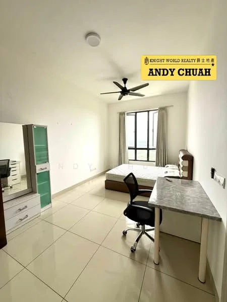 Bedroom features: white painted walls, tile flooring, 5-blade ceiling fan, floor-to-ceiling window, sheer curtains, single bed frame, study desk, office chair, built-in wardrobe, mirror on wardrobe; style: modern; view: city.