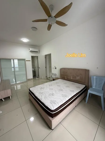 Bedroom features: queen-size bed with mattress, 5-blade ceiling fan, wall-mounted air conditioning unit, glass sliding wardrobe, tile flooring, neutral painted walls, window with natural light, bedside table, plastic chair; style: modern.