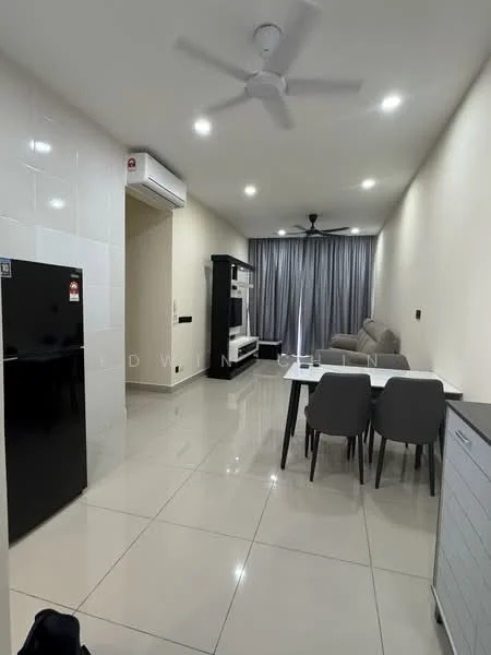 Living features: white painted walls, glossy ceramic tile flooring, 5-blade ceiling fan with light, wall-mounted air conditioning unit, black fridge, black TV cabinet, grey dining table with 4 chairs, curtains, recessed lighting; style: modern.