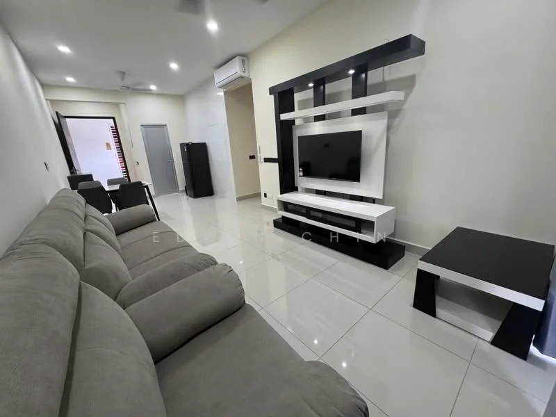 Living features: 3-seater fabric sofa in grey, flat-screen TV on wall-mounted unit, black and white TV console, white wall with minimal decor, recessed ceiling lights, white tiled flooring, air conditioning unit on wall, black coffee table; style: modern.
