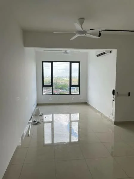 Room features: white painted walls, glossy ceramic tile flooring, 5-blade ceiling fan, floor-to-ceiling windows, air conditioning unit, window treatments, light switch, power outlet; style: modern; view: city.