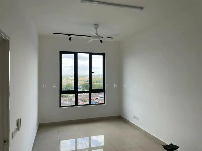 Room features: white painted walls, polished ceramic tile flooring, floor-to-ceiling windows, 5-blade ceiling fan with light, city view; style: modern; view: city.
