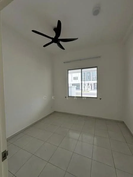 Room features: white painted walls, tile flooring, 5-blade ceiling fan, large window, window treatments, light fixture, corner baseboard, neutral color scheme; style: modern.