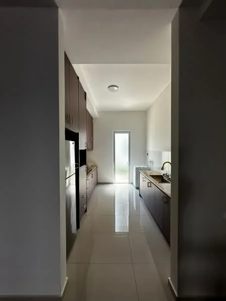 Kitchen features: dark wood cabinetry, stainless-steel fridge, built-in oven, freestanding range oven, single-bowl stainless-steel sink, chrome pull-down faucet, white tiled backsplash, white walls, polished ceramic tile flooring, recessed downlights, window with frosted glass, countertop with space for appliances, laundry area with washing machine; style: modern.