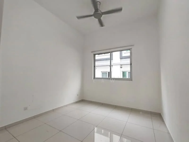 Room features: white painted walls, glossy ceramic tile flooring, ceiling fan, window with view to exterior, natural light from window.