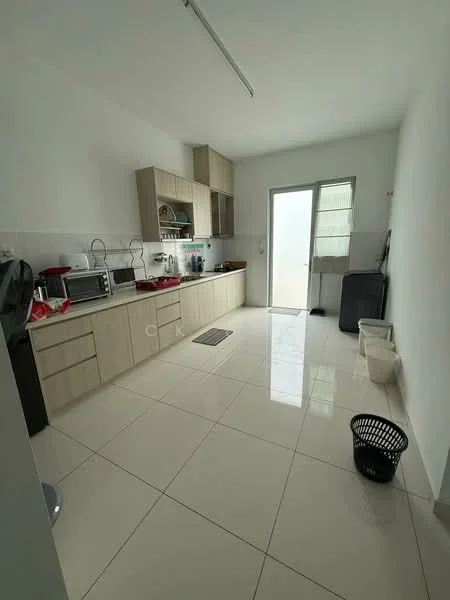 Kitchen features: light wood cabinetry, white countertops, stainless-steel microwave, stainless-steel toaster, stainless-steel kettle, built-in sink, single-bowl stainless-steel sink, chrome pull-down faucet, ceramic tile flooring, white walls, window with blinds, refrigerator, trash bin, plastic storage bin; style: modern.