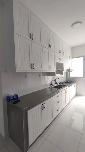Kitchen features: white shaker cabinets, stainless-steel countertop, double-bowl stainless-steel sink, chrome pull-down faucet, built-in oven, ceramic tile flooring, white tiled backsplash, window with natural light, recessed downlights, kitchen cabinet handles in black; style: modern.