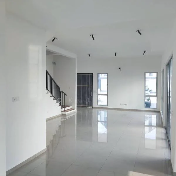 Living features: white painted walls, polished ceramic tile flooring, recessed LED downlights, large windows, sliding glass door, staircase with black railing, open layout, high ceiling; style: modern.