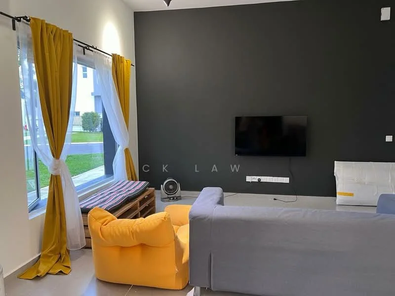 Living features: grey fabric sofa, yellow armchair, wall-mounted TV, black accent wall, white curtains, yellow drapes, tile flooring, decorative throw pillows, coffee table, fan, large window with garden view; style: modern; view: garden.