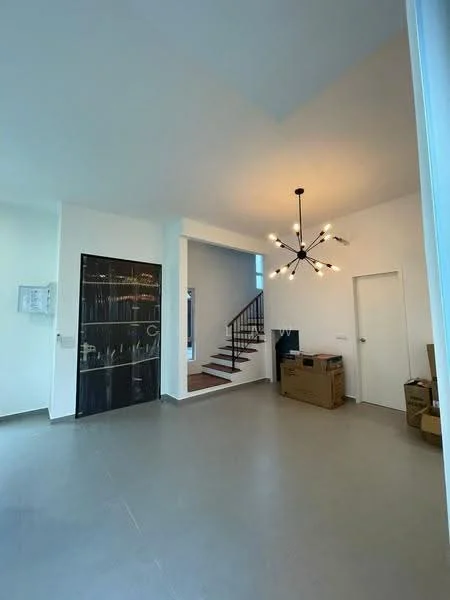 Living features: white painted walls, grey tile flooring, exposed staircase, chandelier with multiple bulbs, large windows for natural light, open layout, decorative wall with glass shelving, boxes for storage; style: modern.