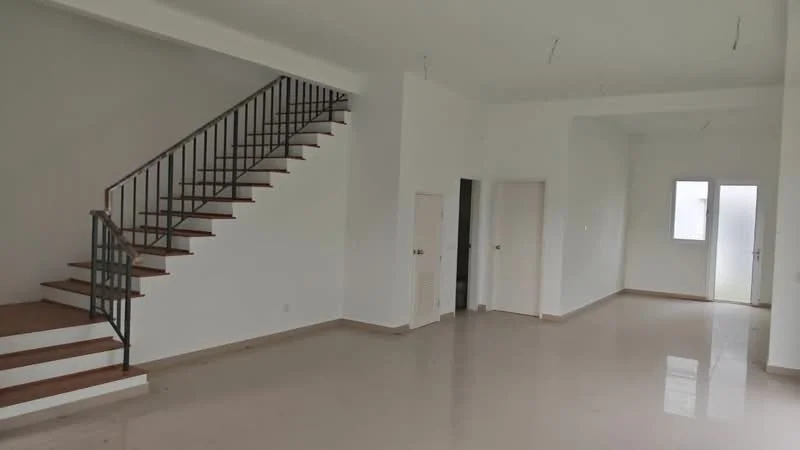 Room features: white painted walls, polished tile flooring, staircase with wooden steps and metal railing, two doors, two windows, open layout, high ceiling, natural light from windows; style: modern.