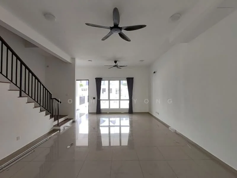 Living features: white painted walls, polished ceramic tile flooring, 2 ceiling fans, large windows with sheer curtains, recessed downlights, staircase with wooden railing, open layout, natural light from windows; style: modern.