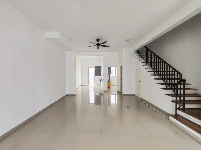 Living features: white painted walls, glossy ceramic tile flooring, 5-blade ceiling fan, large windows with natural light, open layout, staircase with wooden steps, neutral color scheme, no visible furniture; style: modern.