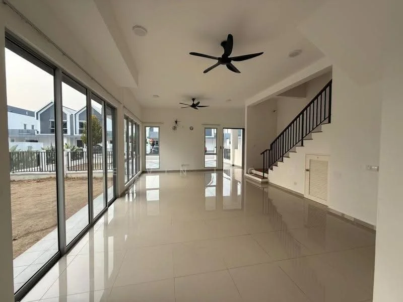 Living features: large floor-to-ceiling windows, sliding glass doors, 2 ceiling fans, white painted walls, polished ceramic tile flooring, open layout, staircase with wooden railing, air conditioning vent, natural light, view of outdoor space; style: modern; view: garden.