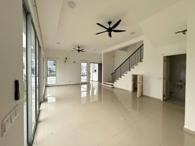 Living features: large floor-to-ceiling windows, 2 ceiling fans, white painted walls, glossy ceramic tile flooring, open layout, staircase with metal railing, recessed ceiling lights, door leading to another room, natural light from windows, neutral color scheme; style: modern; view: garden.